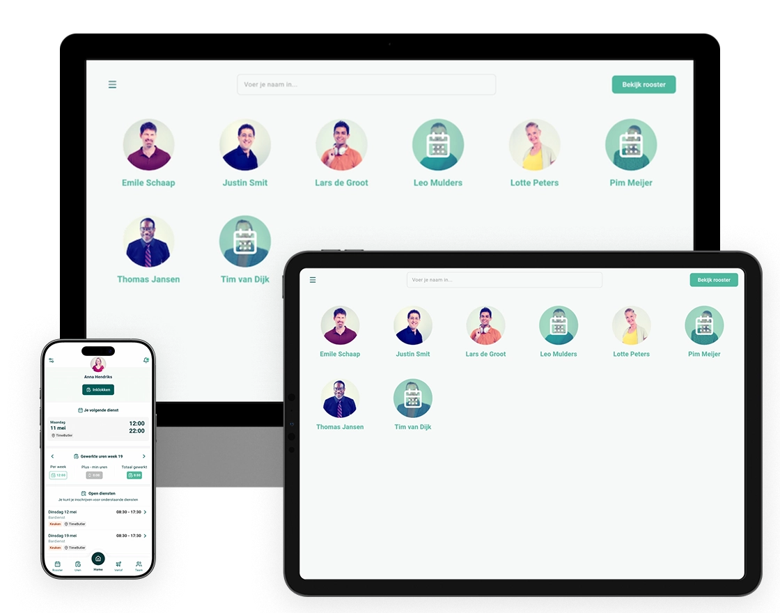 De digitale prikklok van Timebutler op een tablet, telefoon en pc