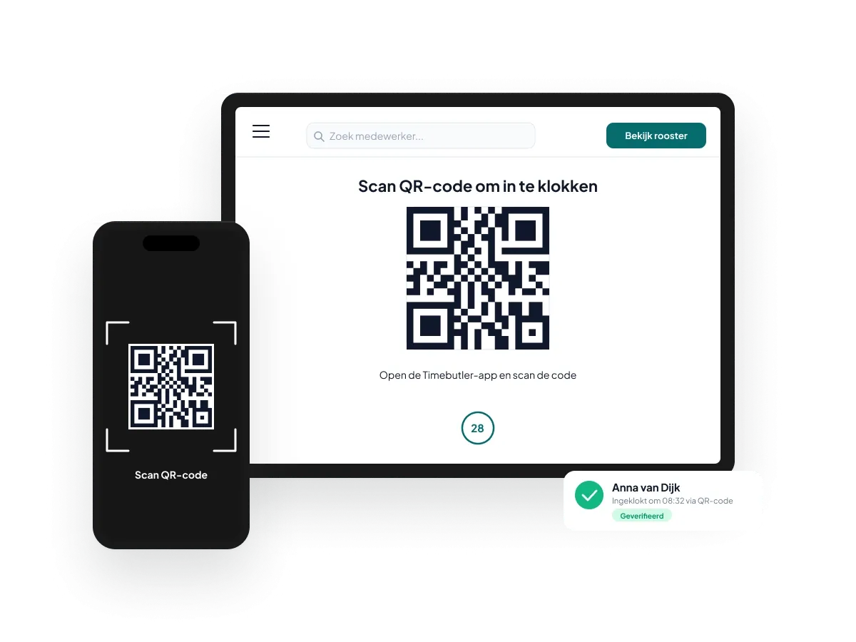 Medewerker klokt in met een QR-code op de tablet van Timebutler
