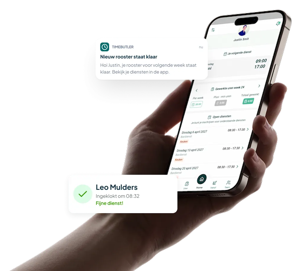 Medewerker-app van Timebutler met een pushmelding over het rooster