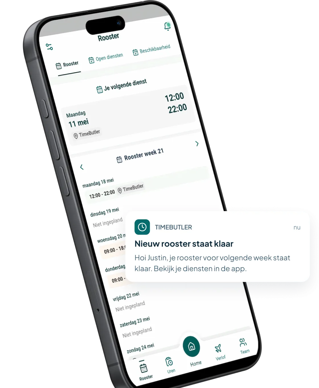 Medewerker-app van Timebutler met het weekrooster en een pushmelding dat het nieuwe rooster klaarstaat
