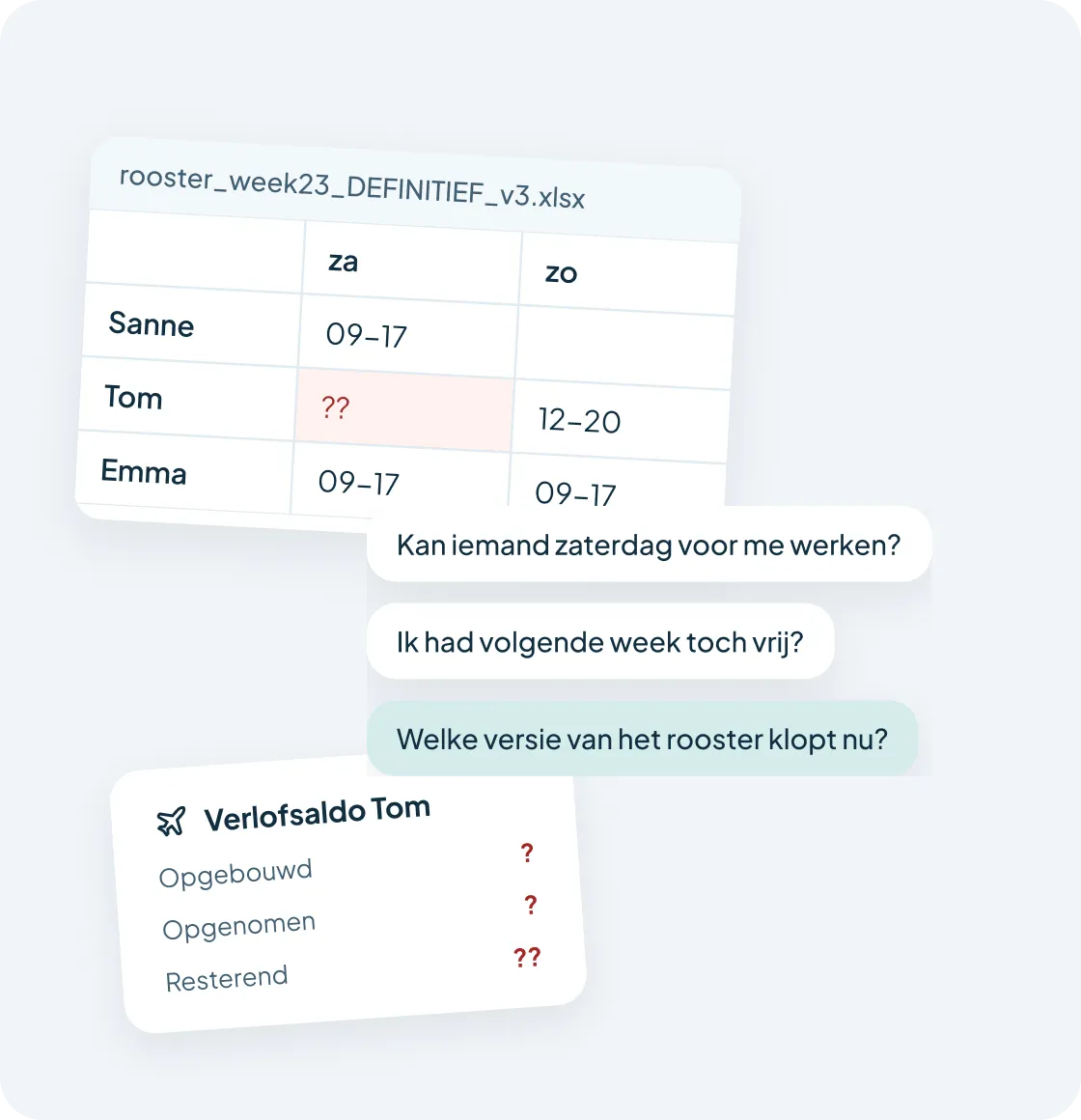 Rooster in een Excel-lijst, roostervragen via WhatsApp en een verlofsaldo met vraagtekens