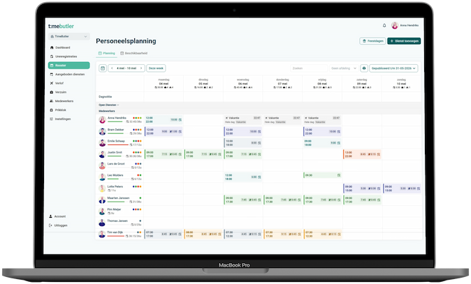 Rooster maken in Timebutler: weekrooster met diensten per medewerker
