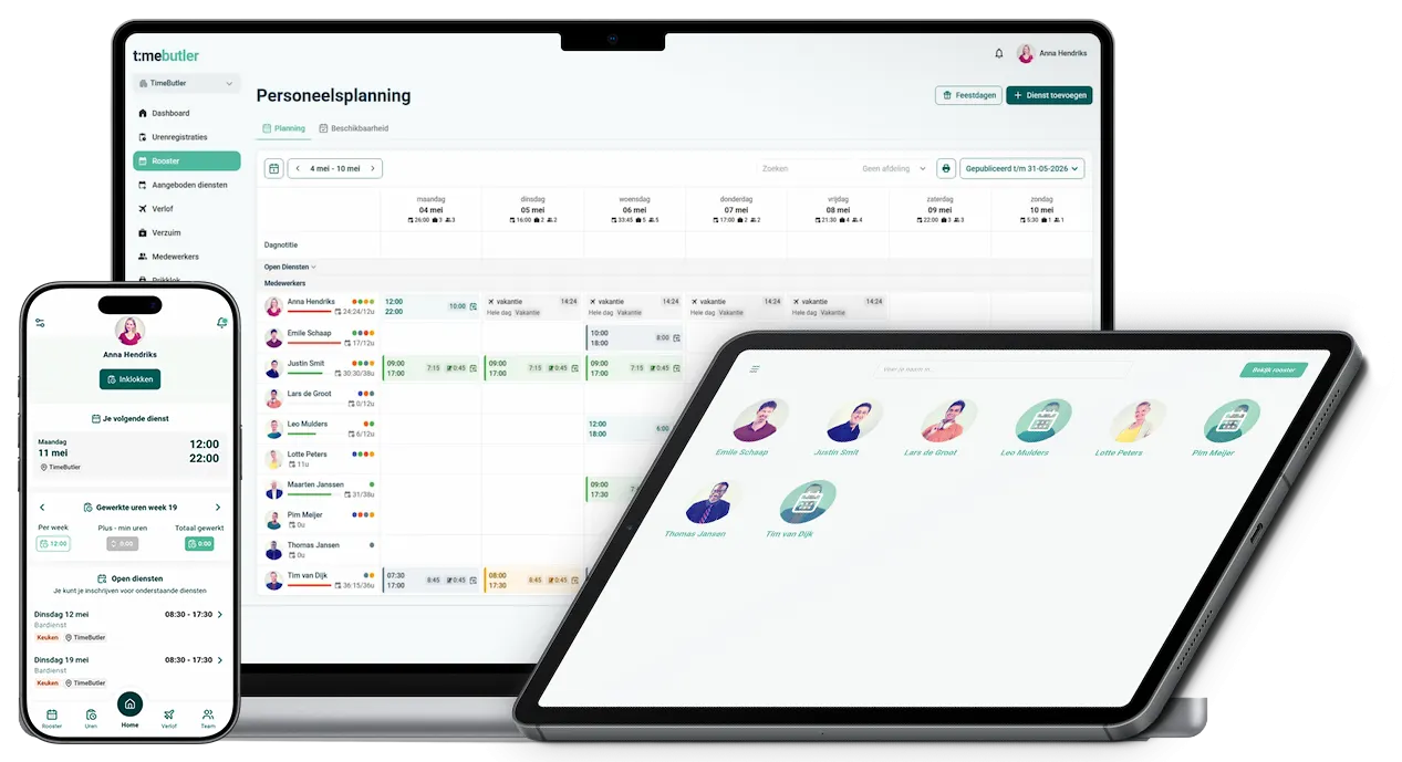 Timebutler op laptop, tablet en telefoon: personeelsplanning, digitale prikklok en medewerker-app