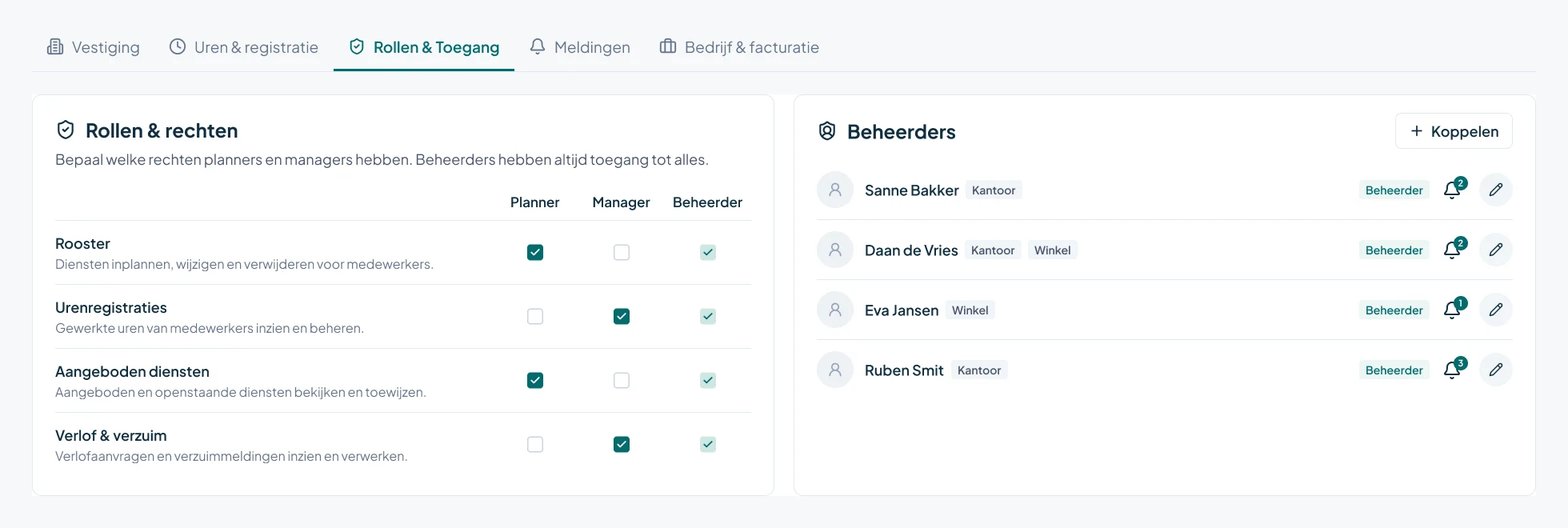 Instellingen voor rollen en toegang in Timebutler