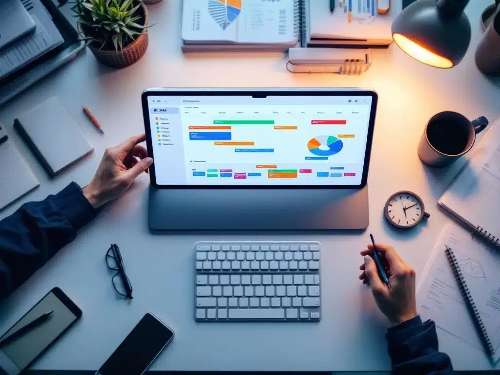 Digitale planningsinterface op tablet toont kleurrijke werkschema's op modern kantoorbureau met koffie en documenten