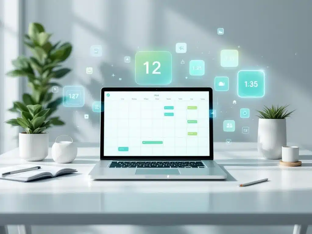 Laptop met digitale planningsinterface op wit bureau, omringd door holografische kalender-elementen in moderne werkruimte