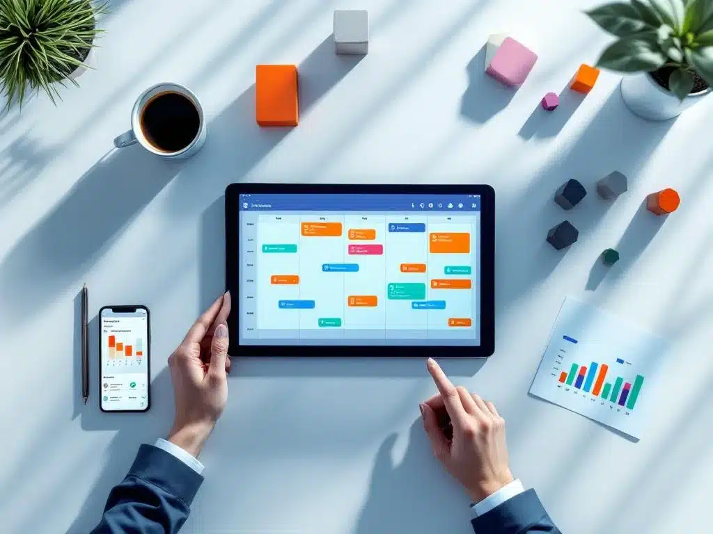Digitale tablet met kleurrijke weekplanning op modern bureau omringd door smartphone, grafieken en planningstools