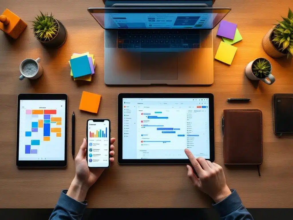Moderne houten bureau met digitale planningstools op tablet, smartphone en laptop, omringd door leren agenda en pennen