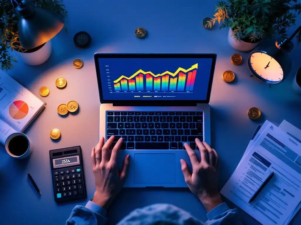 Laptop met financiële grafieken toont kostenbesparing van 25%, omringd door rekenmachine en spreadsheets op modern bureau
