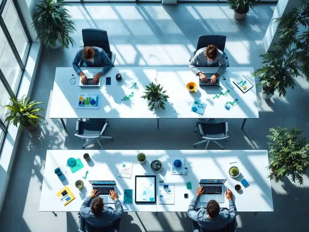 Moderne kantoorwerkruimte van bovenaf met georganiseerde bureaus, laptops, tablets en upward-trending grafieken voor productiviteit