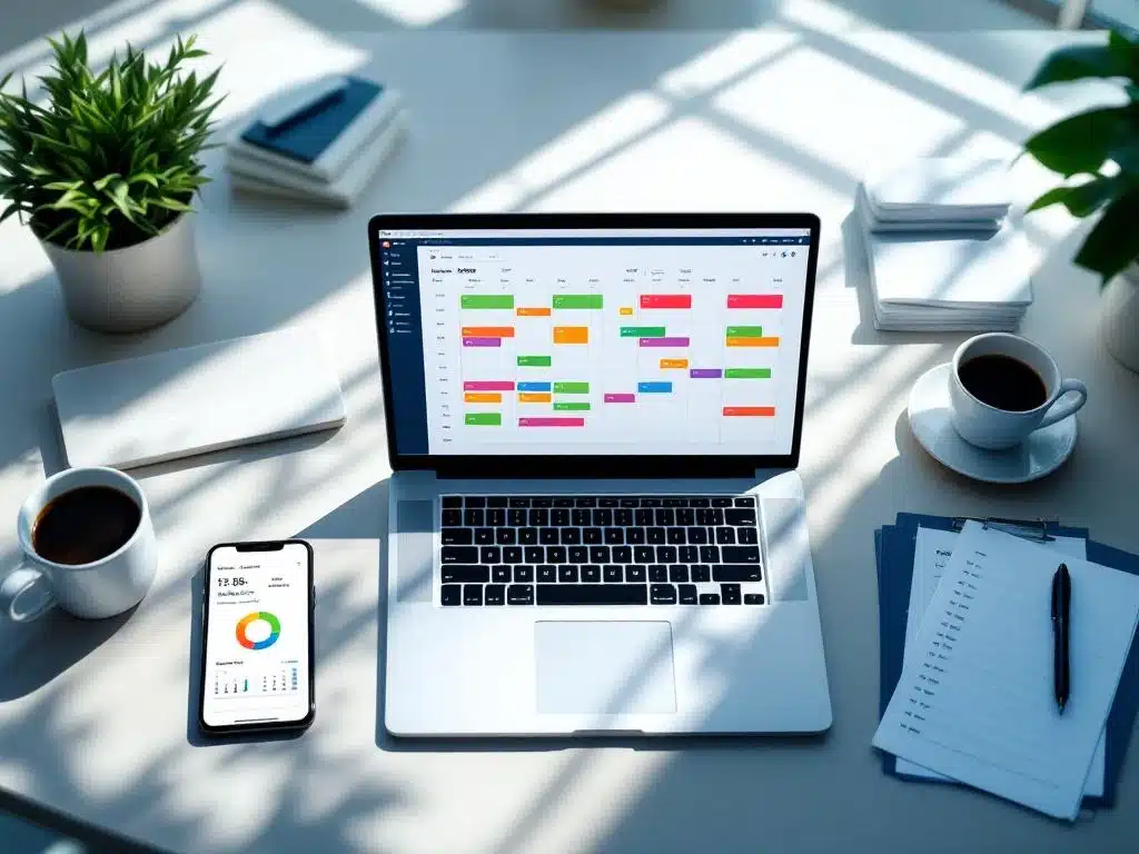 Modern bureau met laptop met kleurrijke planningsschermen, smartphone, papieren schema's en koffie van bovenaf gezien