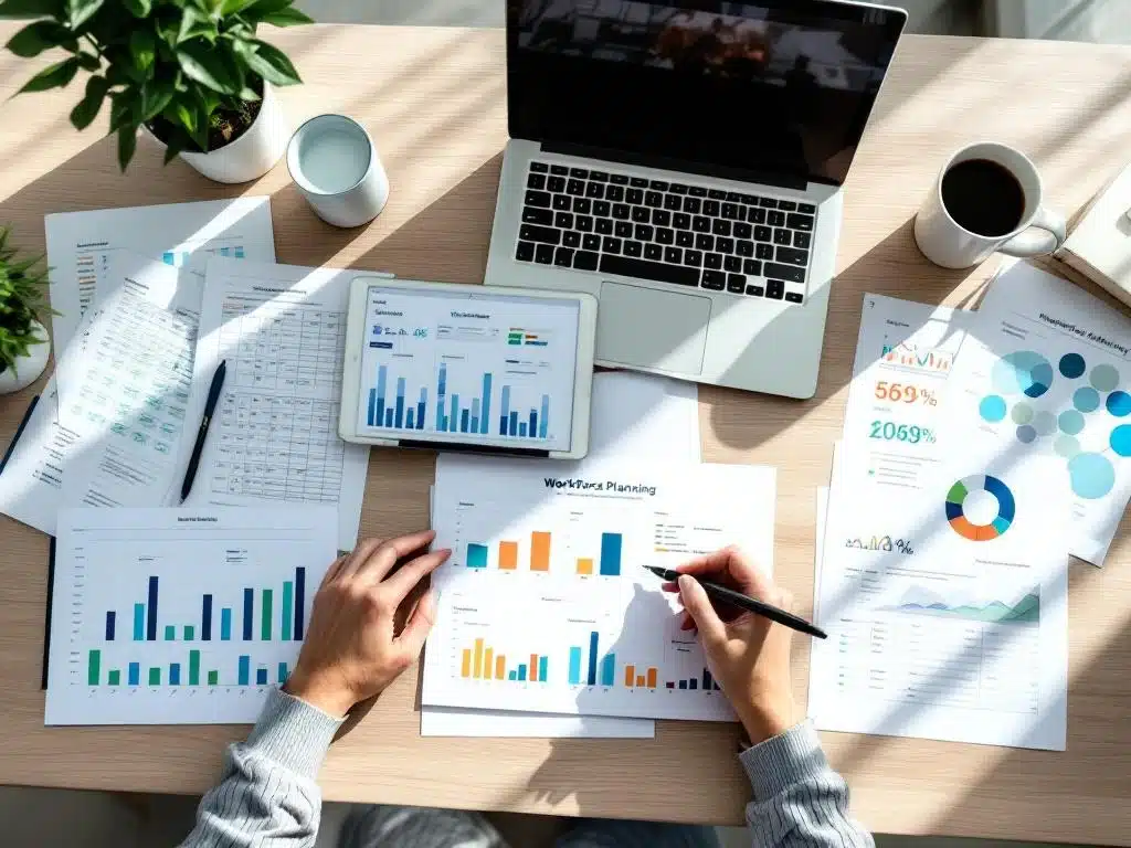 Werkplek van bovenaf met workforce planning documenten, laptop met spreadsheets, tablet en kleurgecodeerde schema's op houten bureau