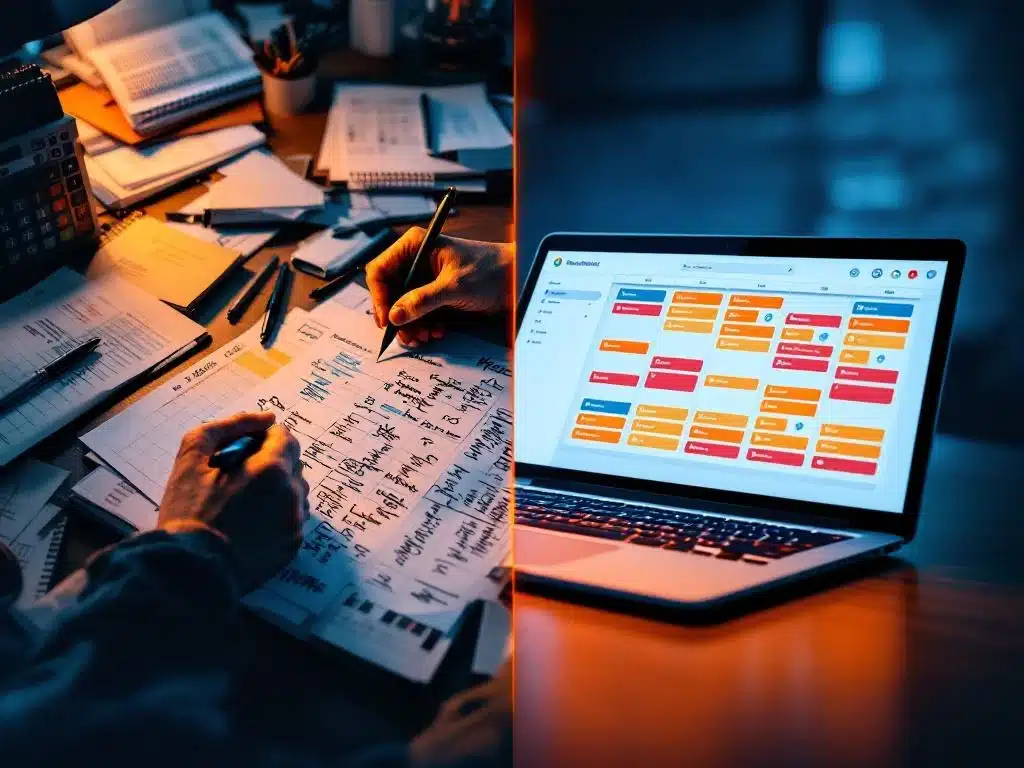 Gesplitst scherm toont chaotisch bureau met papieren roosters links versus laptop met digitale planning software rechts