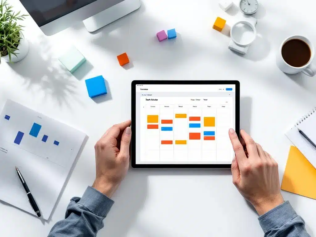 Bovenaanzicht van modern bureau met kleurrijke planningskalenders, tablet met personeelsrooster en organisatietools