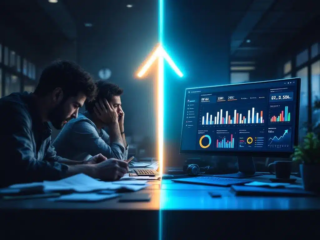 Moderne kantooromgeving toont contrast tussen chaotische en georganiseerde werkplek met digitaal personeelsplanningsdashboard
