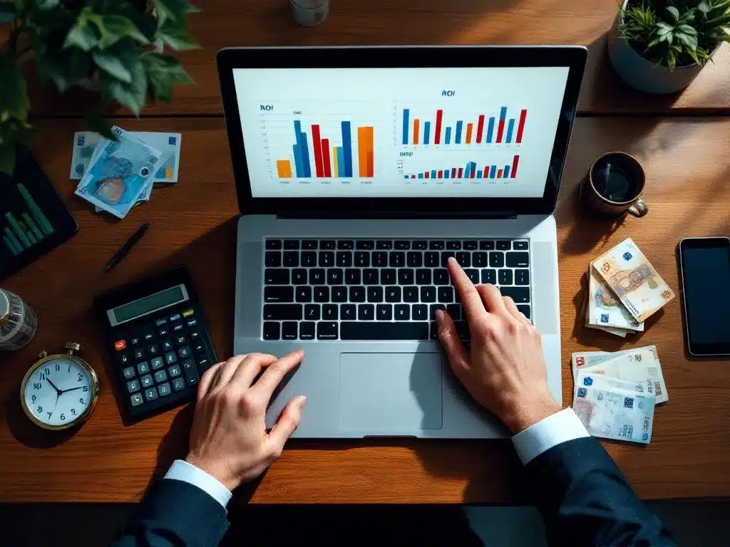 Zakenman wijst naar ROI-berekeningen op laptop omringd door financiële documenten, rekenmachine en eurobiljetten op bureau