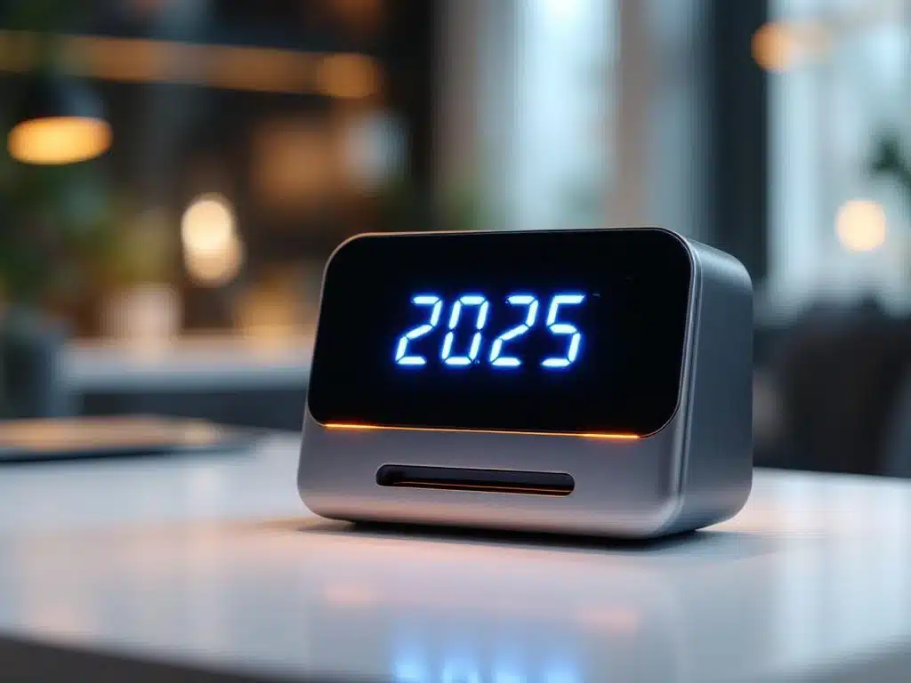 Moderne digitale tijdklok op kantoorbureau toont "2025" in blauwe cijfers met oranje accentverlichting