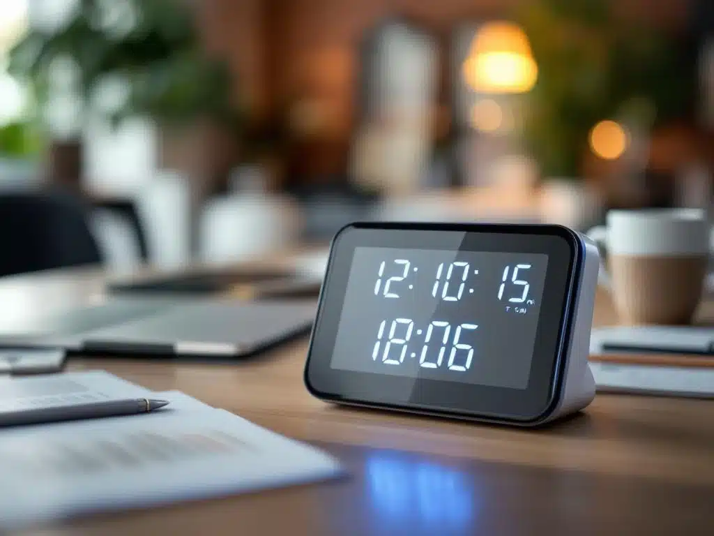Moderne digitale tijdklok op kantoorbureau met laptop, koffiekop en documenten in professionele werkomgeving