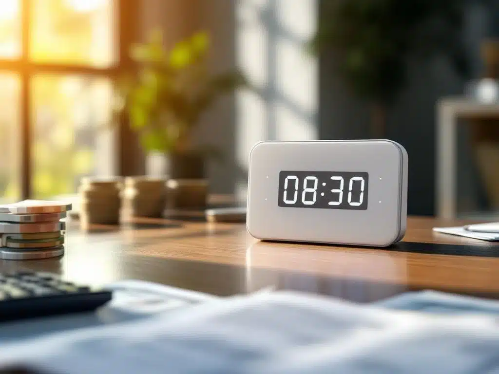 Moderne digitale tijdklok op kantoorbureau met euro bankbiljetten, calculator en documenten voor kleine bedrijven
