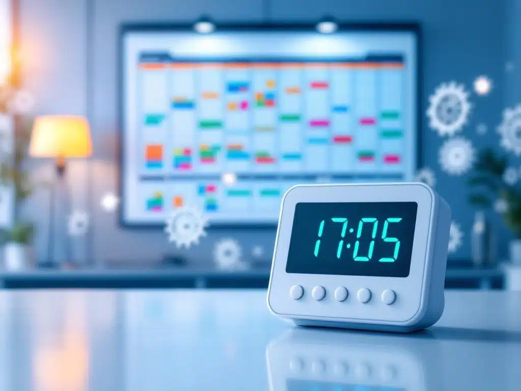 Moderne digitale tijdklok op kantoorbureau met werkrooster op wandbord en blauwe verlichting in professionele omgeving