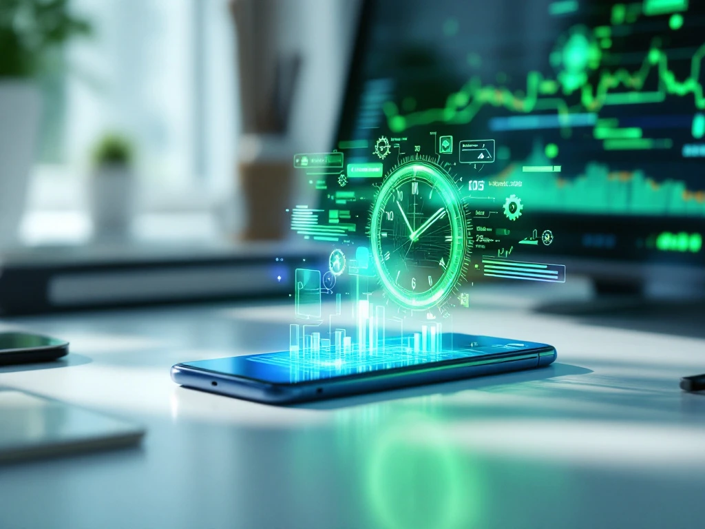 Smartphone en laptop met tijdregistratie-interfaces op wit bureau, holografische klokken en tandwielen zweven eromheen