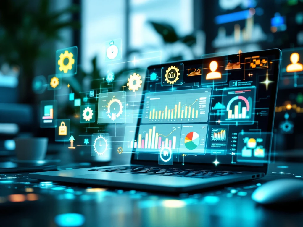 Moderne laptop toont geautomatiseerde planning grafieken omringd door holografische automatisering iconen op bureau