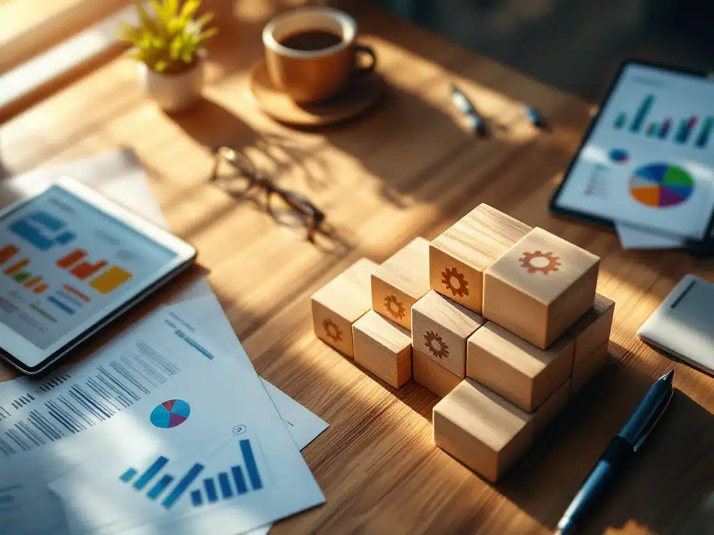 business-groei-strategie-planning-kantoor.jpg Vijf houten blokken in trapvorm met tandwielpictogrammen op modern bureau met tablet, documenten en koffie voor groeiplan