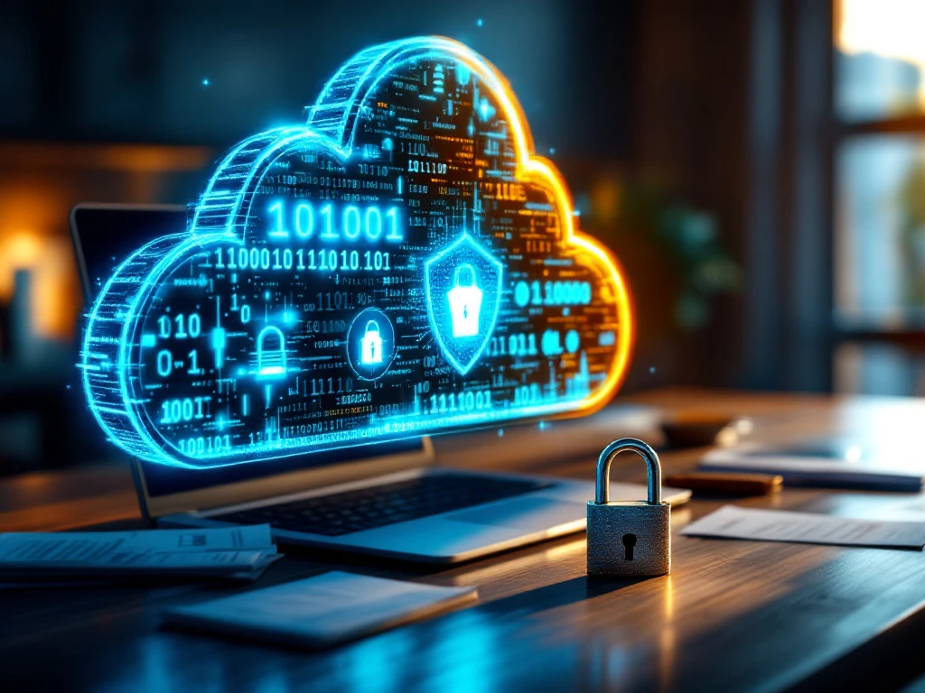 Digitale cloud van data boven moderne laptop met beveiligingsschild, verlicht hangslot met circuits op kantoorbureau