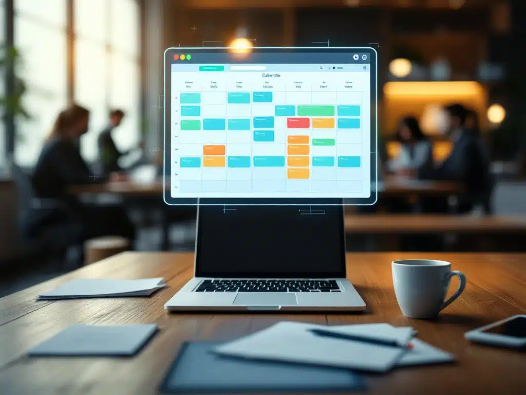 Digitale kalender interface met kleurrijke planning boven houten bureau in moderne kantooromgeving met laptop en koffie