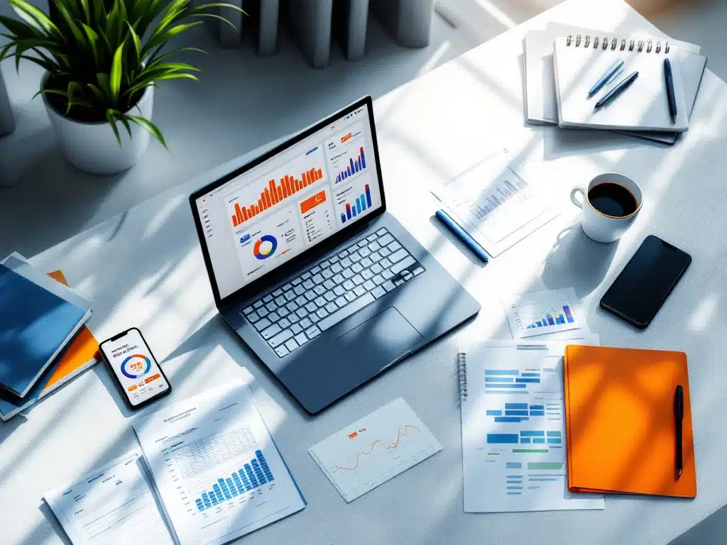 digitale-hr-systemen-kantoor-workflow-transformatie.jpg Moderne kantoorbureau met laptop met digitaal dashboard, papieren documenten en smartphone voor HR-beheer transformatie