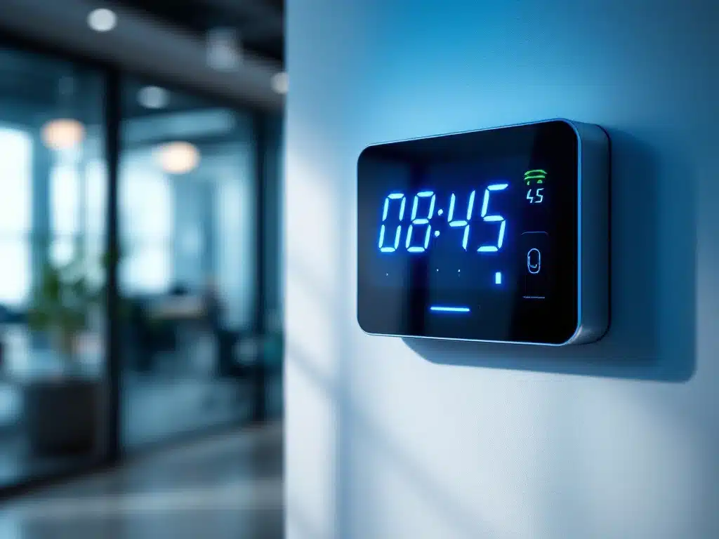 digitale-tijdklok-kantoor-led-display-apparaat.jpg Moderne digitale tijdklok met blauwe LED-display toont 08:45, gemonteerd op witte kantoorwand met vingerafdrukscanner