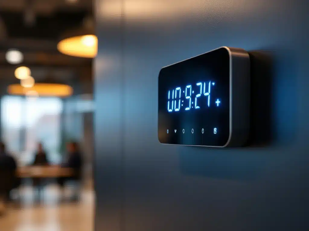 Moderne digitale tijdklok met LED-display en touchscreen interface gemonteerd op kantoorwand in Nederlands bedrijf