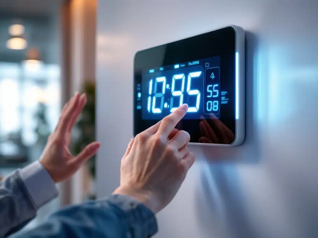 digitale-klok-kantoor-teamwork-moderne-technologie.jpg Moderne digitale klok op kantoorwand met meerdere handen die ernaar reiken, blauwe interface, professionele verlichting