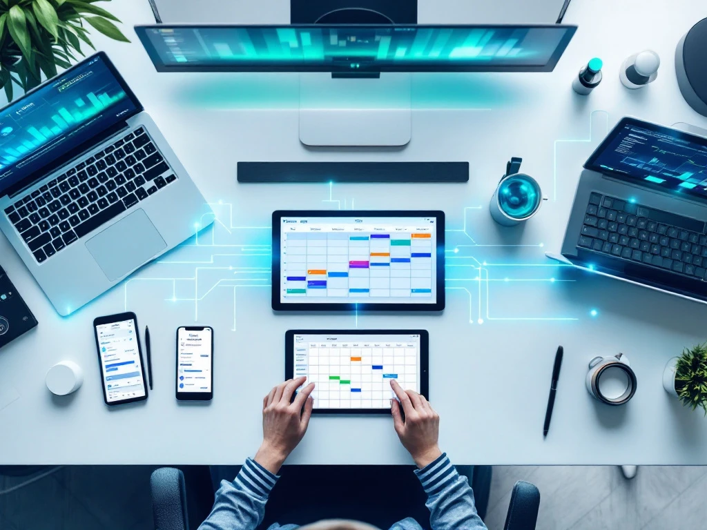 Moderne kantoorwerkplek met tablet die roosterplanning toont, omringd door gesynchroniseerde smartphones en laptops