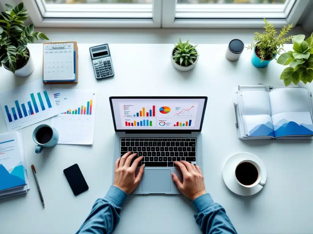 digitale-planning-kantoor-bureau-grafieken.jpg Moderne kantoorbureau van bovenaf met laptop met kleurrijke grafieken, calculator, agenda en documenten in natuurlijk licht