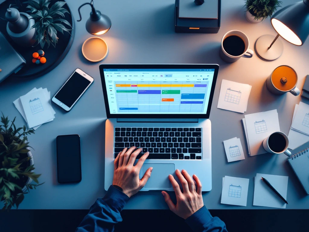 Moderne laptop met digitale planningsinterface op kantoorbureau met smartphone, koffie en documenten