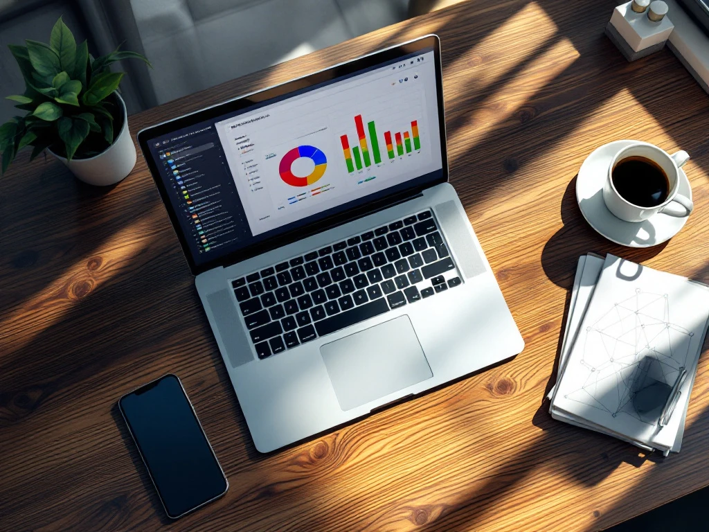 planning-bureau-laptop-grafieken-organisatie.jpg Houten bureau van bovenaf met laptop met kleurrijke grafieken, smartphone, notitieblok en koffiekop in modern kantoor