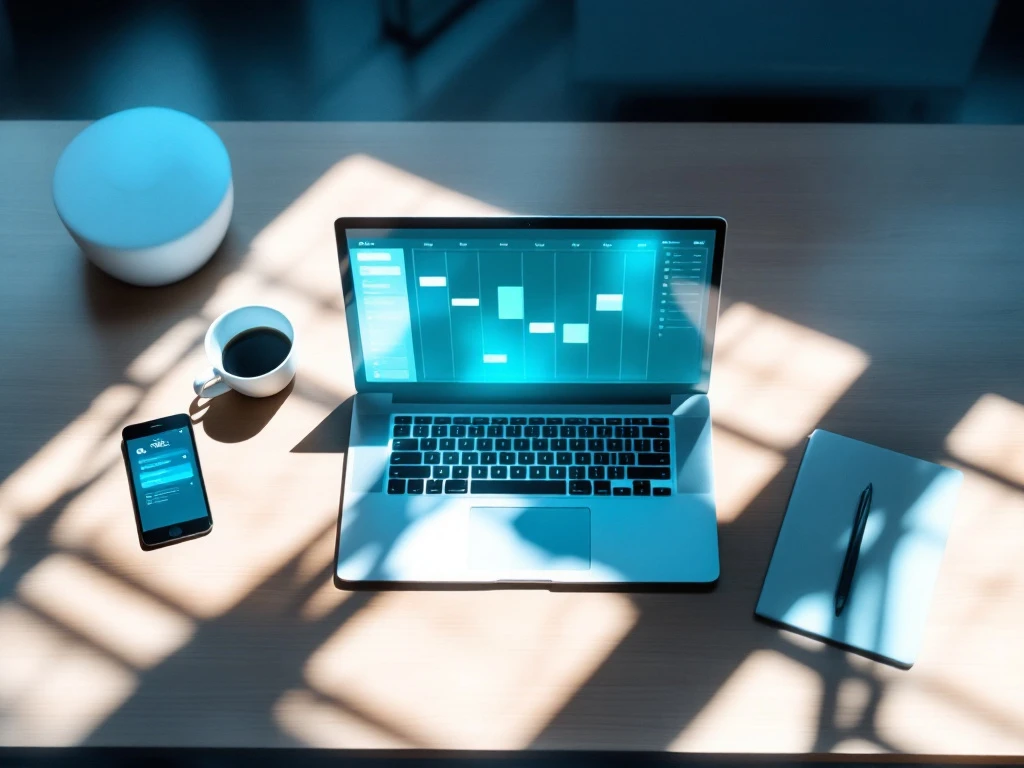 digitale-planning-kantoor-bureau-laptop-interface.jpg Moderne werkplek met laptop die digitale agenda-interface toont, smartphone, koffiekop en kantoorbenodigdheden van bovenaf