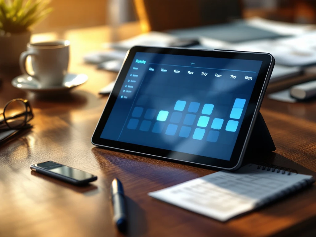 digitale-planning-tablet-kantoor-scheduling.jpg Digitale planningsapp op tablet met blauwe tijdslots op houten bureau met koffiekop en kantoorspullen