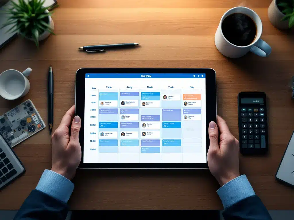 Digitale tablet met kleurrijke weekplanning op modern bureau met koffie en kantoorbenodigdheden
