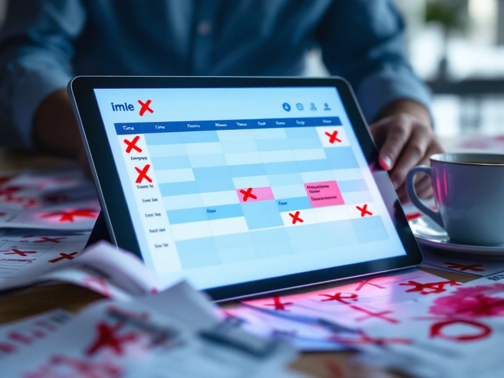 Digitale tablet met blauwe planning-interface naast rommelige papieren roosters met rode doorhalingen en koffievlekken