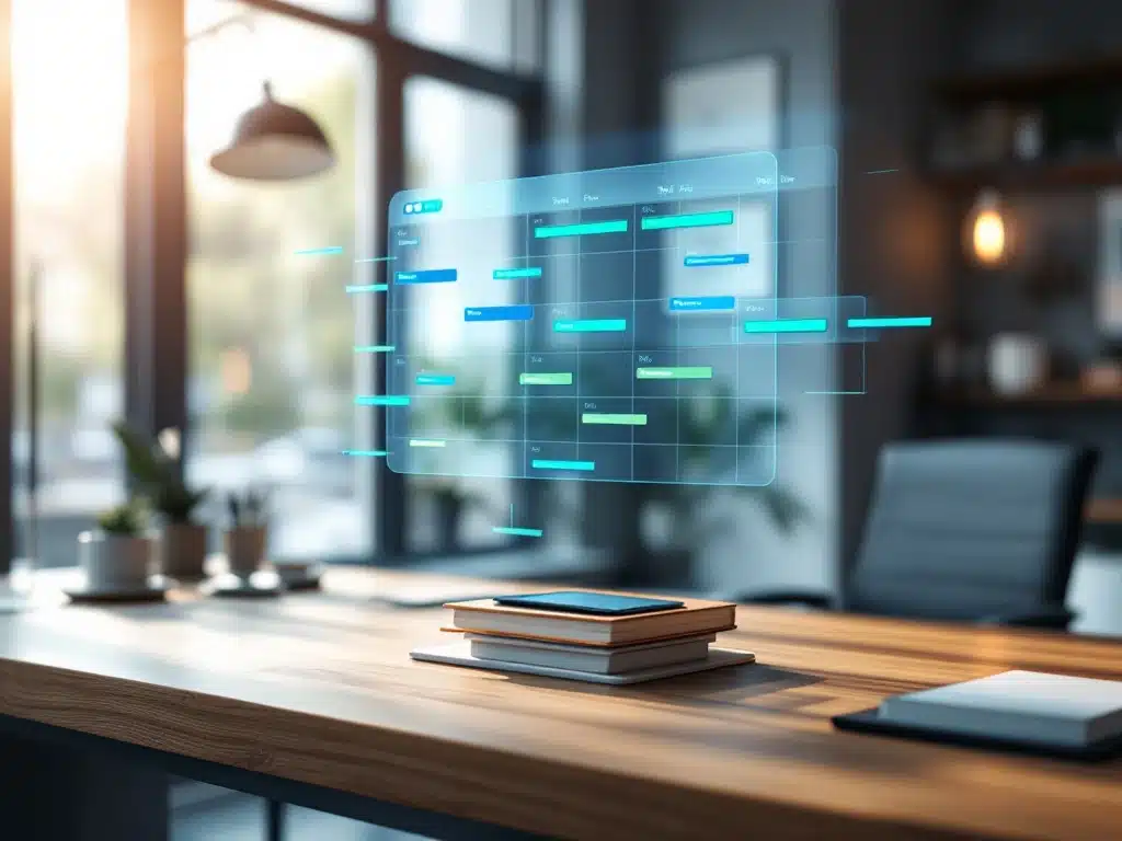 Holografische personeelsplanning interface met kleurgecodeerde diensten boven houten bureau in modern kantoor