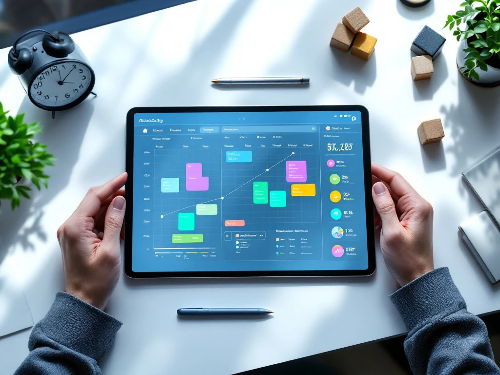 automated-workflow-planning-desk-tablet-kantoor.jpg Digitale tablet met kleurrijke planningsroosters op modern bureau met klok, houten blokken en blauwe verlichting