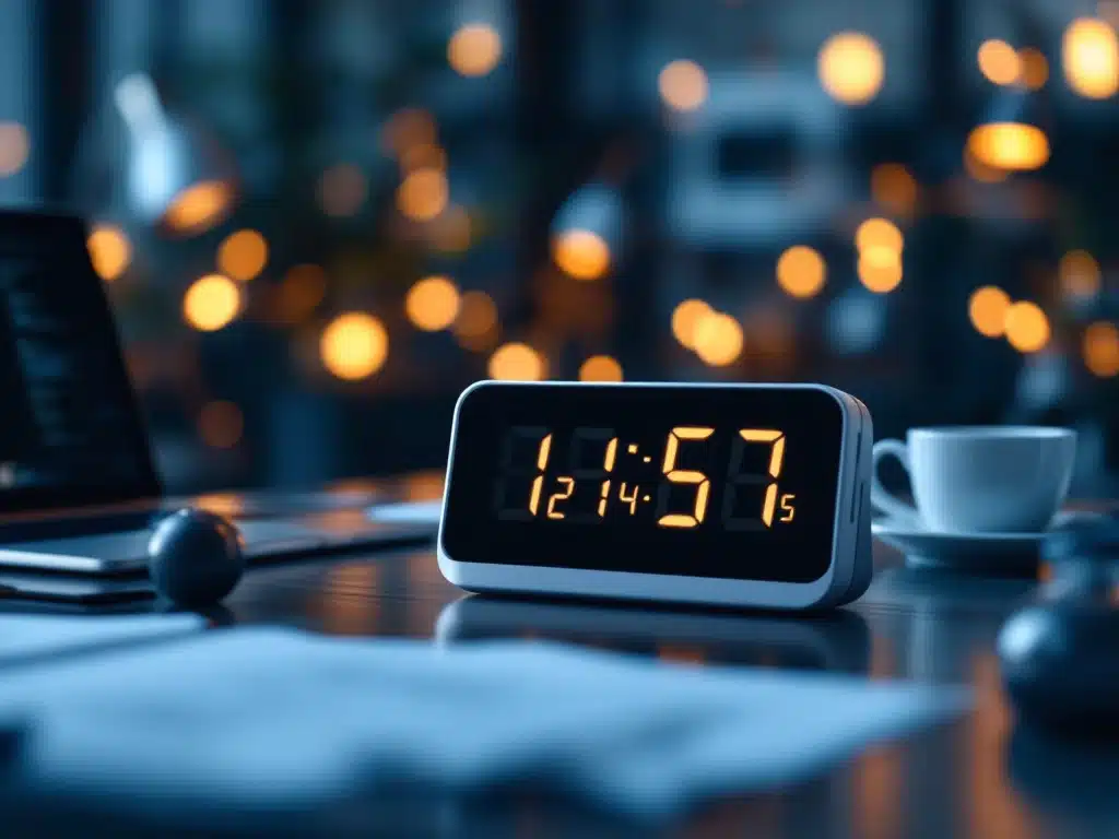 Moderne digitale klok op kantoorbureau met laptop en documenten, meerdere klokken op achtergrond voor vergelijking