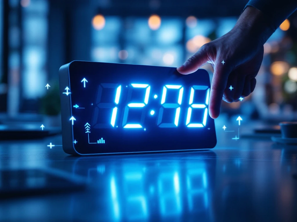 Moderne digitale klok met blauwe cijfers op bureau, vinger raakt touchscreen aan, omringd door productiviteitspictogrammen