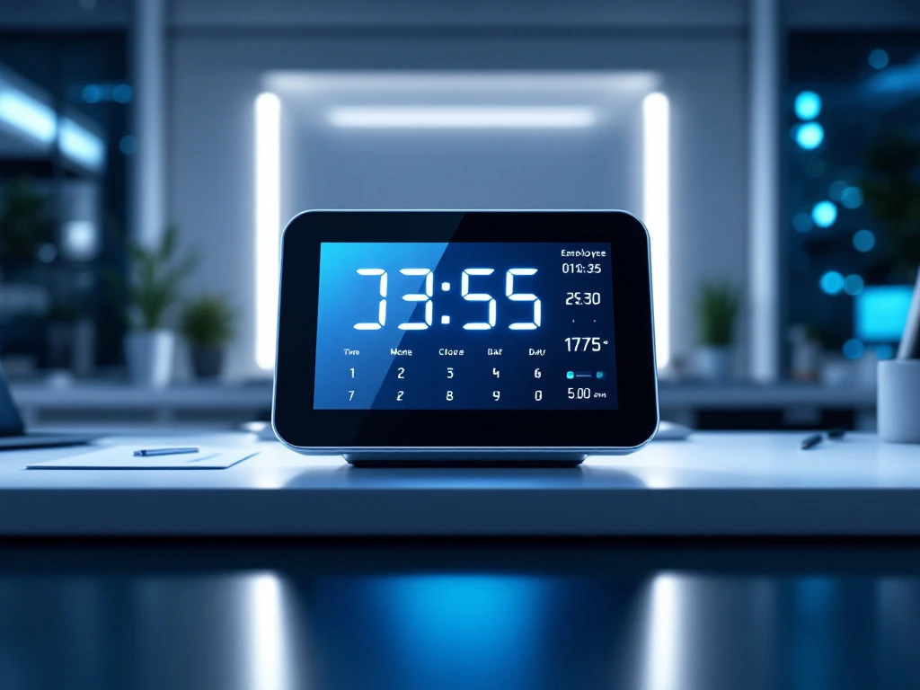 Moderne digitale tijdklok met touchscreen op kantoorbureau toont werknemersgegevens en tijd in professionele omgeving