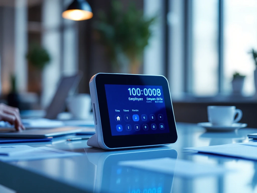 digitale-tijdklok-kantoor-werkplek-management.jpg Moderne digitale tijdklok met blauw touchscreen op kantoorbureau naast laptop en koffiekop