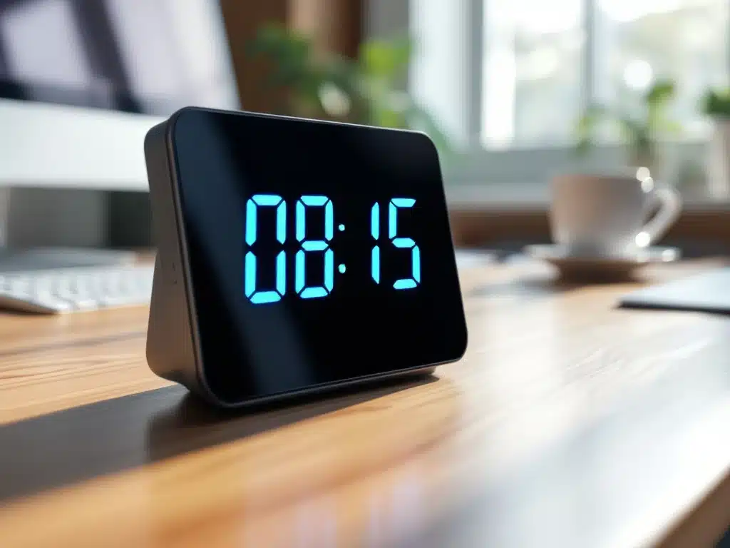 digitale-tijdklok-kantoor-werkplek-management.jpg Moderne digitale klok toont 08:15 op touchscreen display, geplaatst op houten bureau in professionele kantooromgeving