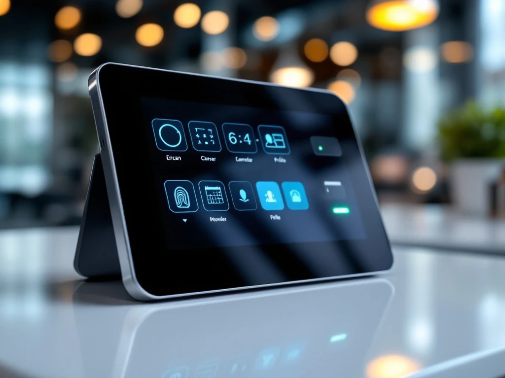 Moderne digitale tijdklok met touchscreen en vingerafdrukscanner op wit bureau in kantooromgeving