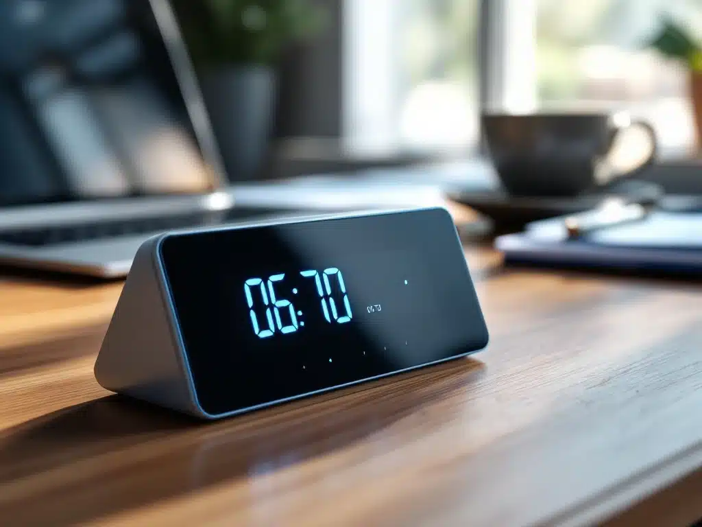 digitale-tijdklok-touchscreen-kantoor-efficiency.jpg Moderne digitale tijdklok toont 07:30 op touchscreen display, geplaatst op houten bureau in kantooromgeving